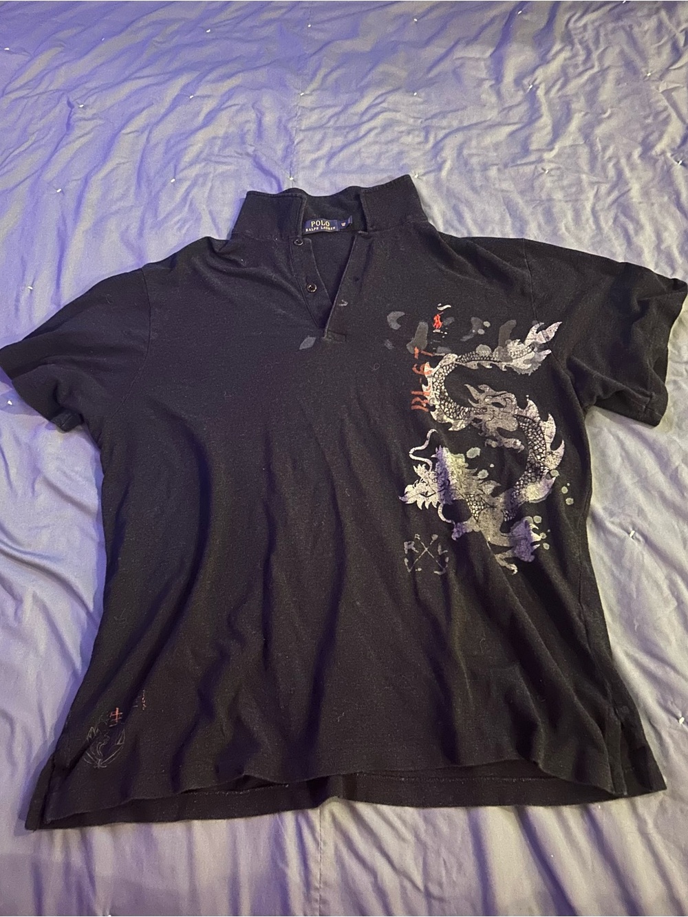 Polo Ralph Lauren Mens XL Custom Slim Fit Dragon Graphic Polo Shirt Navy Blue
